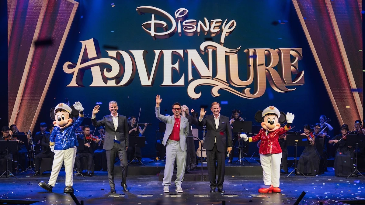 Disney Adventure christening ceremony with Robert Downey Jr Captain Mickey Captain Minnie on stage at Walt Disney Theatre