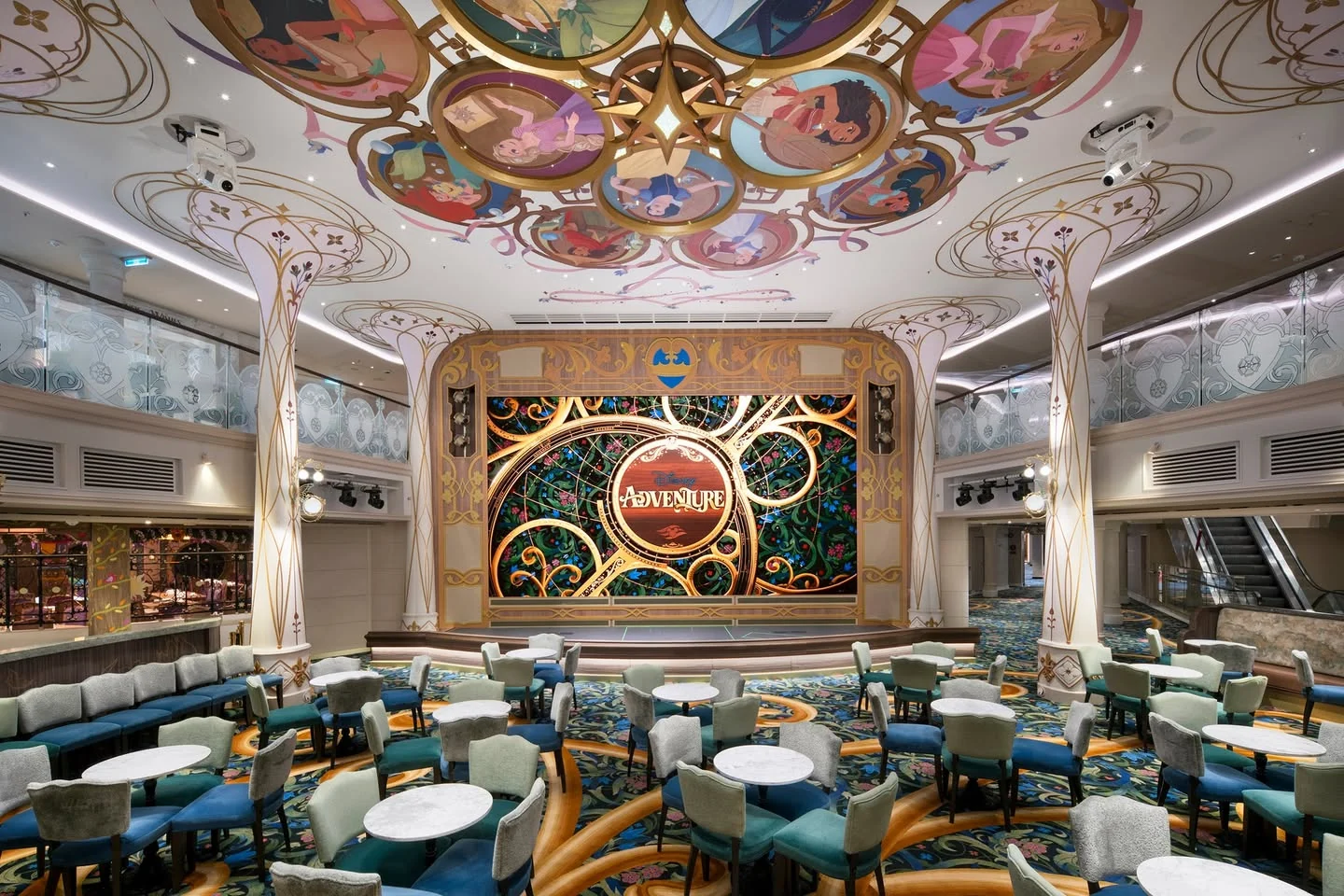 Disney Imagination Garden main hall with Disney princess ceiling art nouveau design and Adventure stage screen