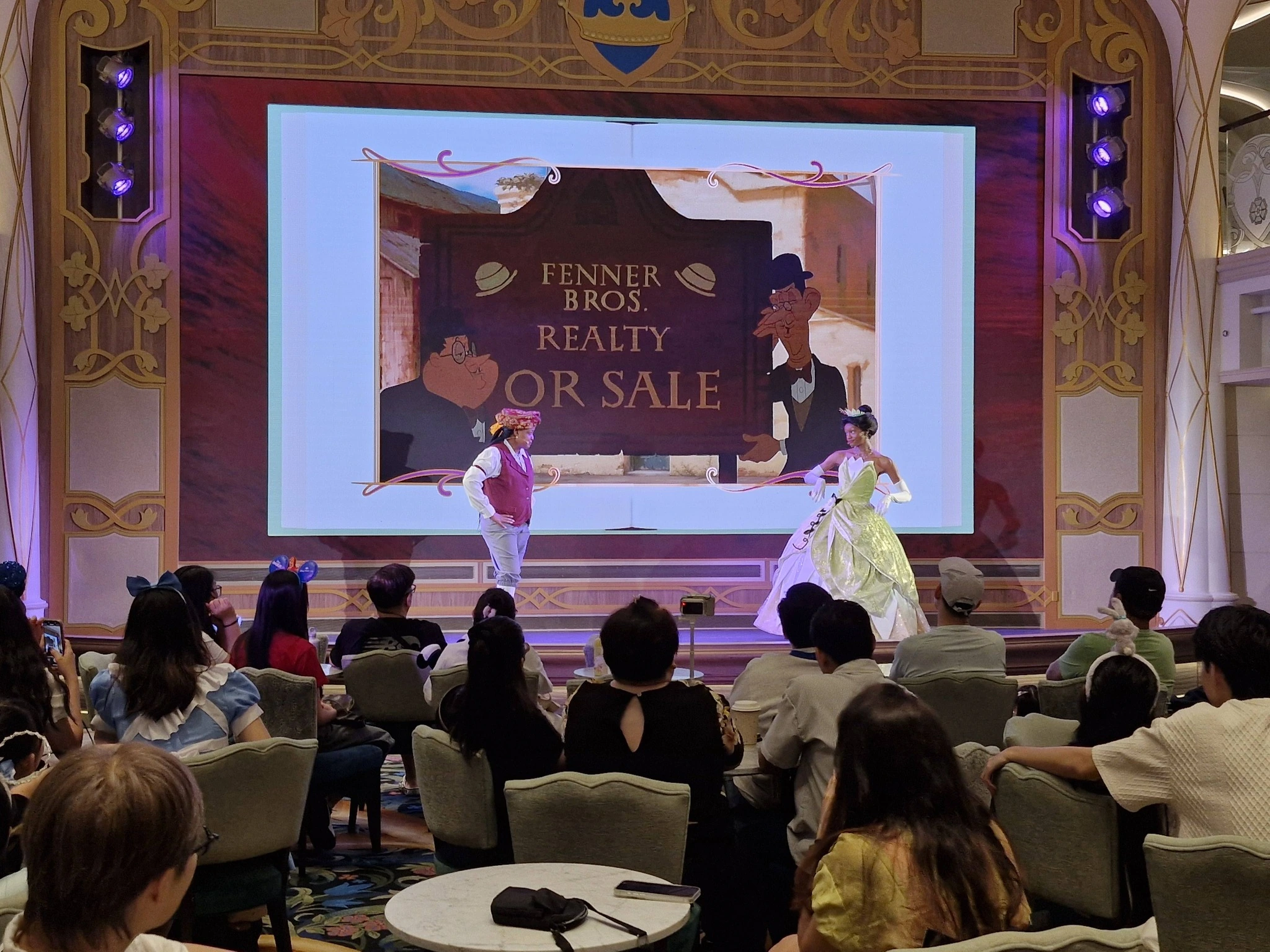 Live stage show performance at Walt Disney Theatre on Disney Adventure cruise with Princess Tiana character
