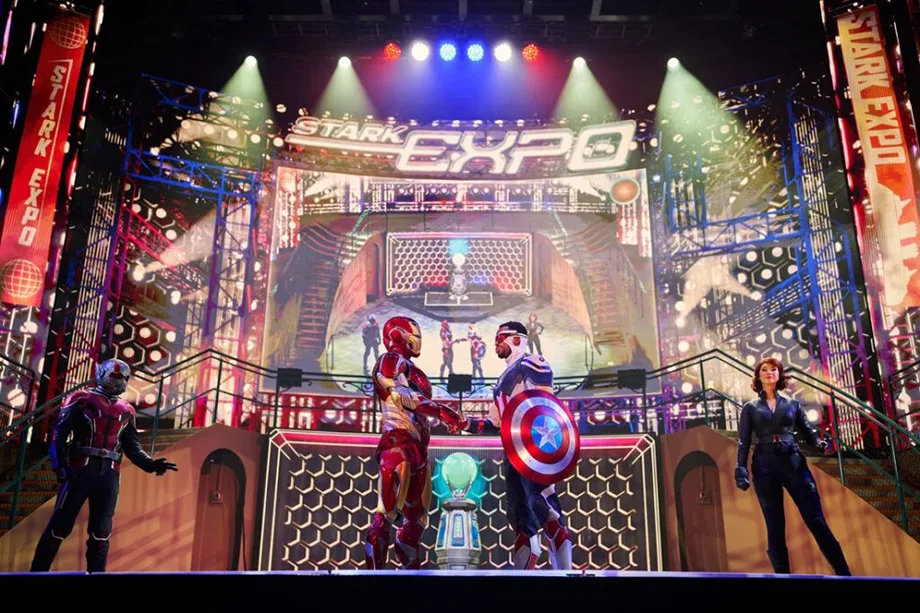 Avengers Assemble show on the Disney Adventure — Iron Man, Captain America, and Marvel heroes at Stark Expo stage