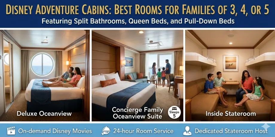 Disney Adventure cabins comparison banner showing Deluxe Oceanview, Concierge Family Oceanview Suite (sleeps 5), and Inside Stateroom for families of 3, 4, or 5