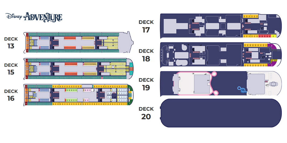 Top view layout of Disney Adventure cruise ship decks 13 to 20 including stateroom locations, lido deck, waterpark, and entertainment zones