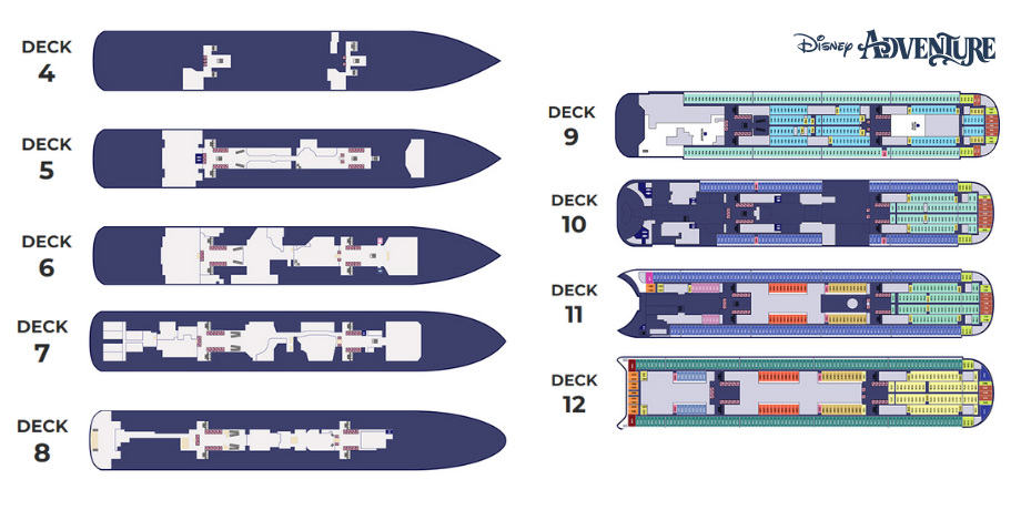 Deck plan illustration of Disney Adventure cruise ship showing layout for decks 4 through 12 with cabin zones and public areas
