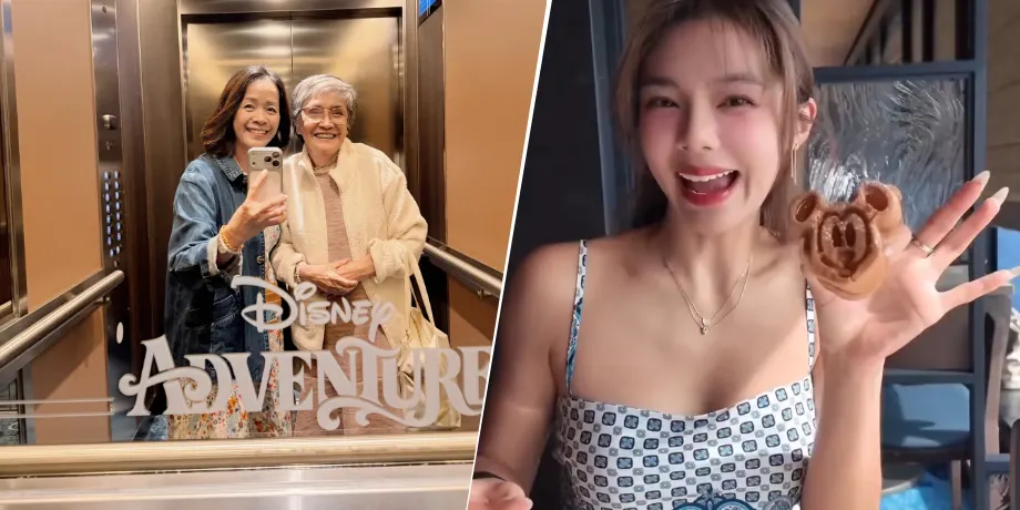 Mother and grandmother taking a mirror selfie inside Disney Adventure elevator, and a guest holding a Mickey-shaped waffle onboard