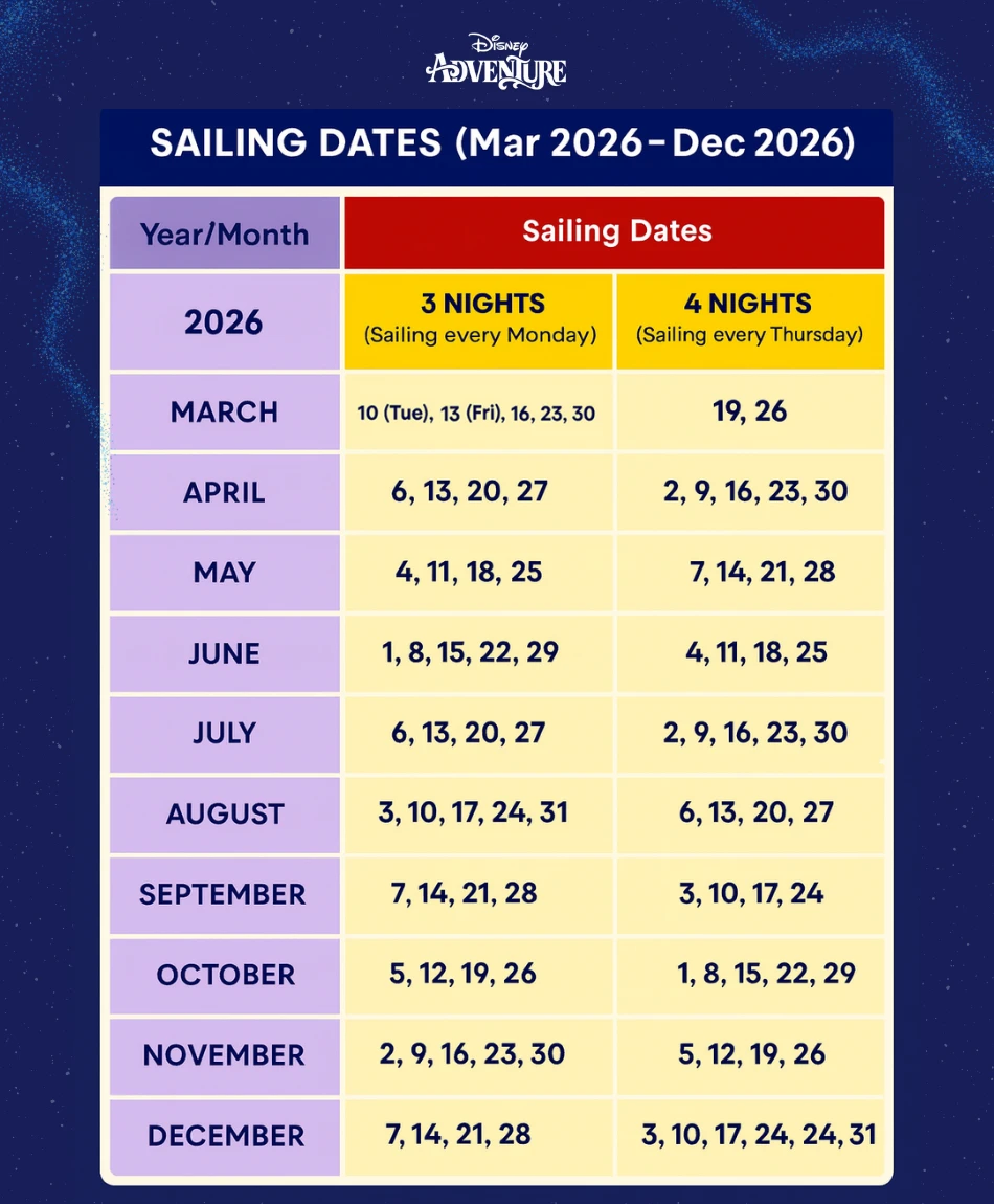 Disney Adventure cruise sailing dates calendar Singapore 2026