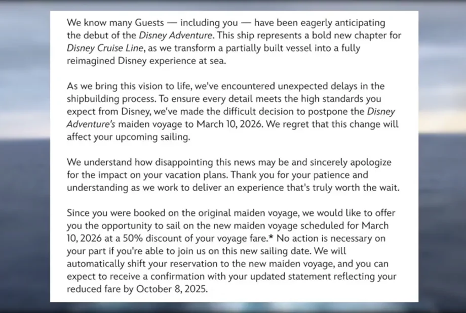Official DCL email announcing the Disney Adventure delay due to shipbuilding delays; original maiden‑voyage guests moved at 50% fare.