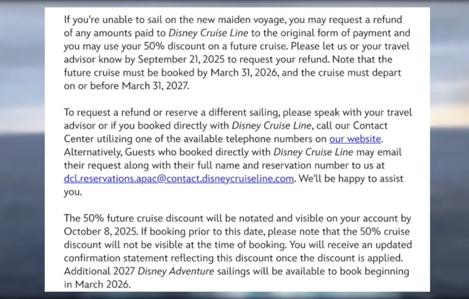 Official Disney Cruise Line email about Disney Adventure delay; refund option, 50% future‑cruise discount, and APAC contact details.
