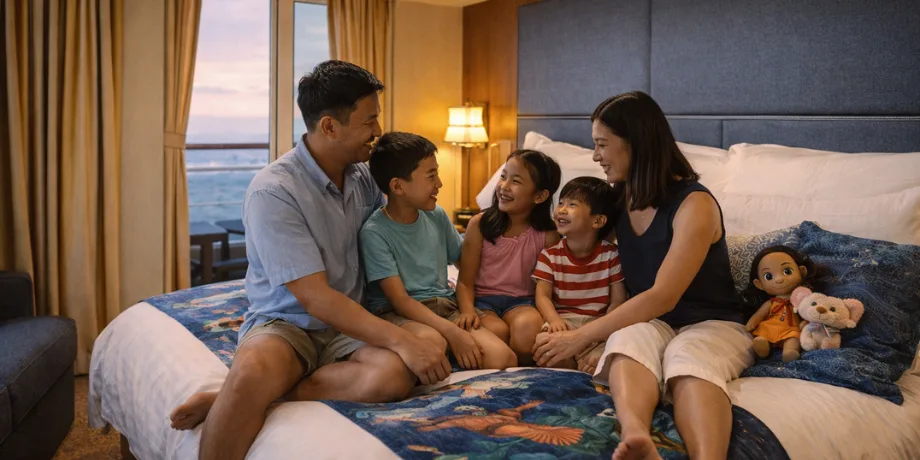 Family of five relaxing in a cruise ship cabin, showing why room size and extra beds matter when choosing Disney Adventure cabins for 3, 4, or 5 guests
