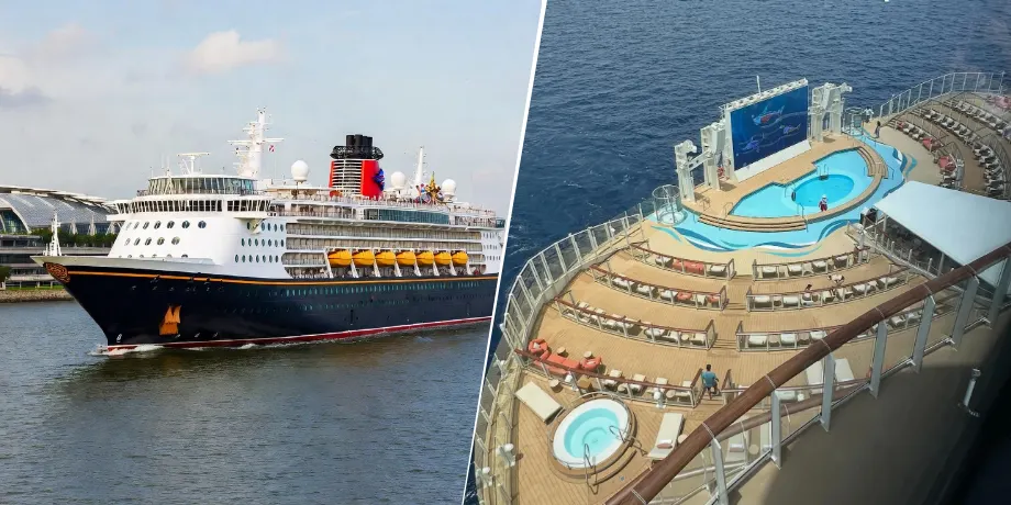 Disney Adventure cruise ship sailing from Marina Bay Singapore and aerial view of the pool deck with movie screen
