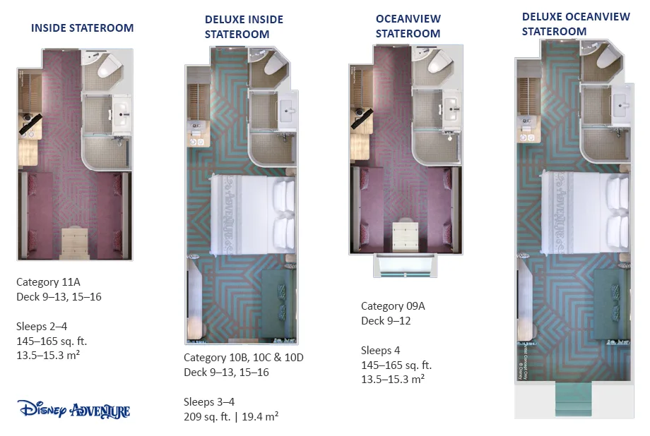 Disney Adventure floor plan showing Deluxe Reef View Stateroom with Verandah and two Concierge Family Staterooms with Oceanview Verandah — premium suite layouts with private whirlpool
