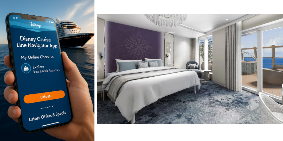 Disney Cruise Line Navigator App interface held in Explore Your Ship and Manage Your Reservation