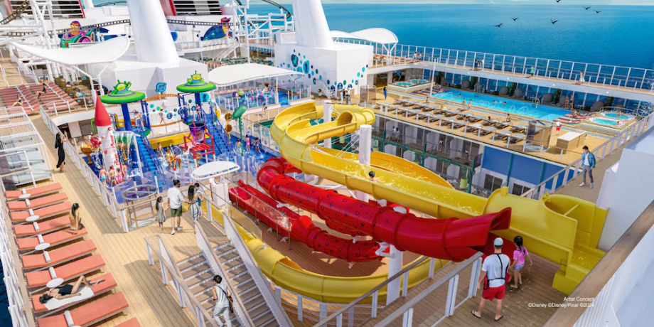 Water play zone with colorful slides and pools on Disney Adventure Cruise sailing from Singapore