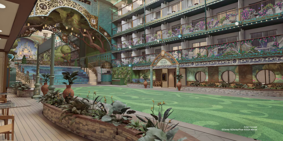 Disney Imagination Garden on Disney Adventure Cruise Singapore  Outdoor stage and magical landscape with castle mural