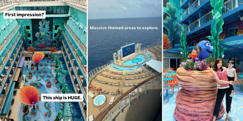 Disney Imagination Garden with three-deck storybook castle and Garden Stage lit up during the maiden voyage embarkation day — real onboard photo