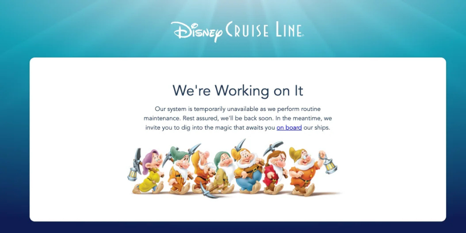 Image depicting Disney Cruise website downtime on December 10, 2024, during high traffic booking hours
