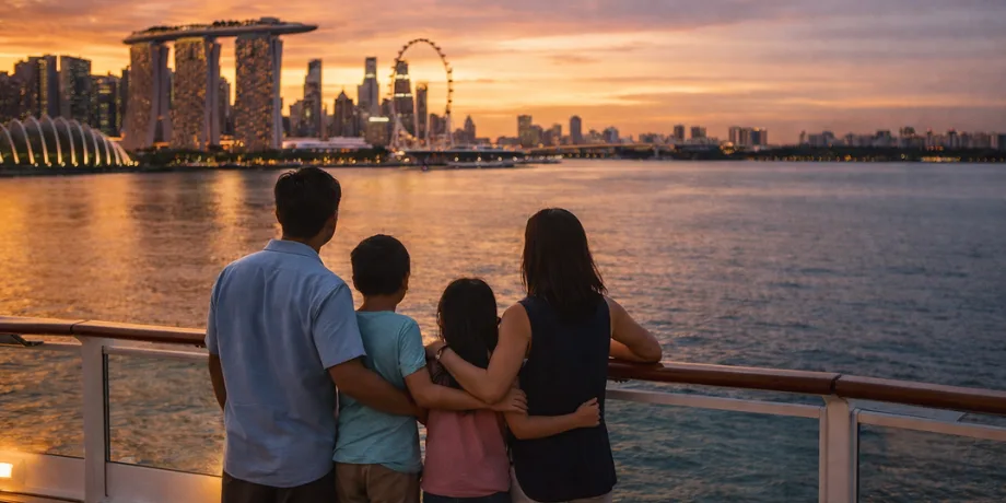 Family watching the Singapore Marina Bay skyline at sunset from a cruise ship deck during the 2026 school holiday season.
