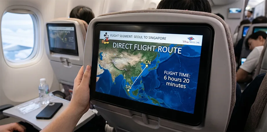 Flight route from Seoul Incheon Airport to Singapore Changi Airport — 6 hours 20 minutes direct for Disney Adventure cruise passengers