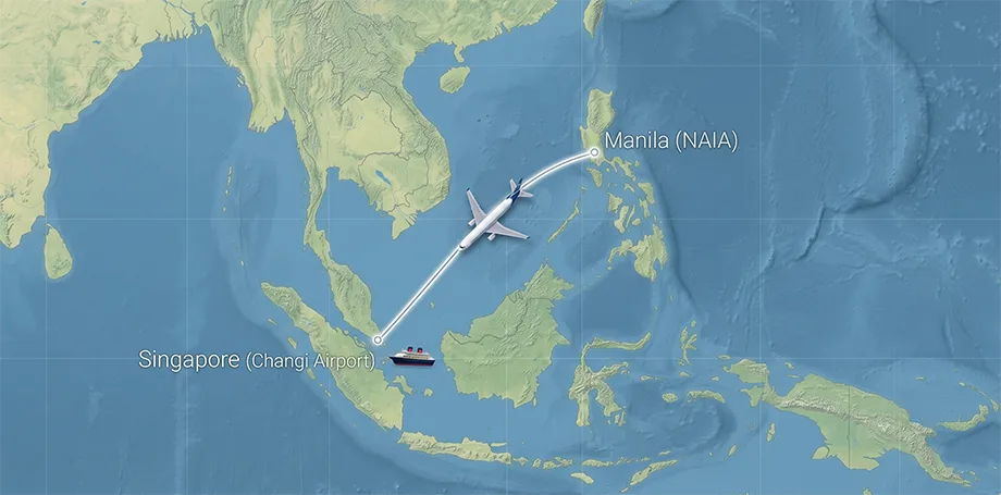Flight route map from Manila NAIA to Singapore Changi Airport for Disney Adventure cruise passengers