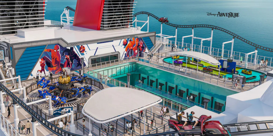 Marvel Landing zone on Disney Adventure Cruise featuring Spider-Man attractions and Iron Man-themed rides