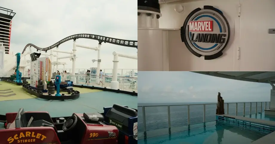 Marvel Landing on the Disney Adventure — Ironcycle coaster track, entrance sign, and Tony Stark Infinity Pool