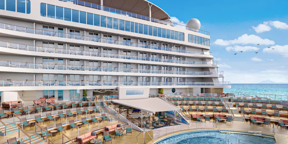 Outdoor pool deck on Disney Adventure Cruise Singapore with ocean views and sun loungers