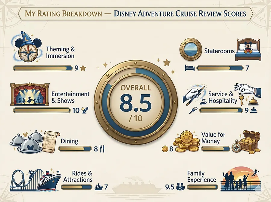 Disney Adventure cruise review scores — overall 8.5/10 with ratings for theming, entertainment, dining, rides, and more