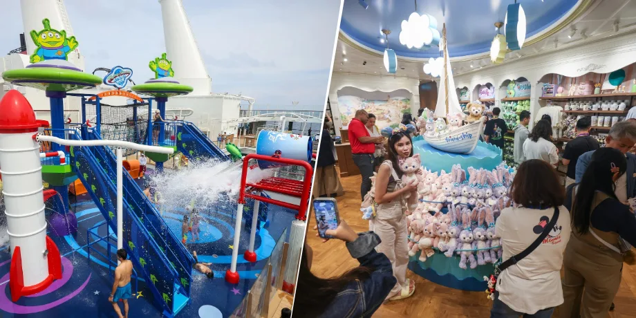 Toy Story Place water play zone with slides and splash pads, and guests shopping at the Duffy and Friends Shop on Disney Adventure — real onboard photos from maiden voyage