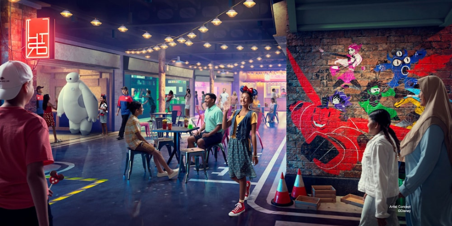 San Fransokyo Street on Disney Adventure Cruise inspired by Big Hero 6 with street-style dining and Baymax