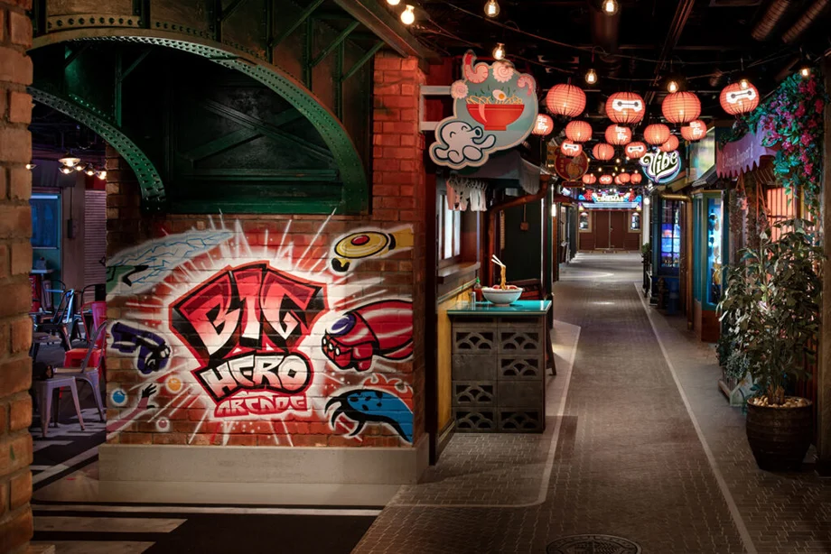 San Fransokyo Street on the Disney Adventure — Big Hero Arcade graffiti wall, Japanese lanterns, and Vibe teen club