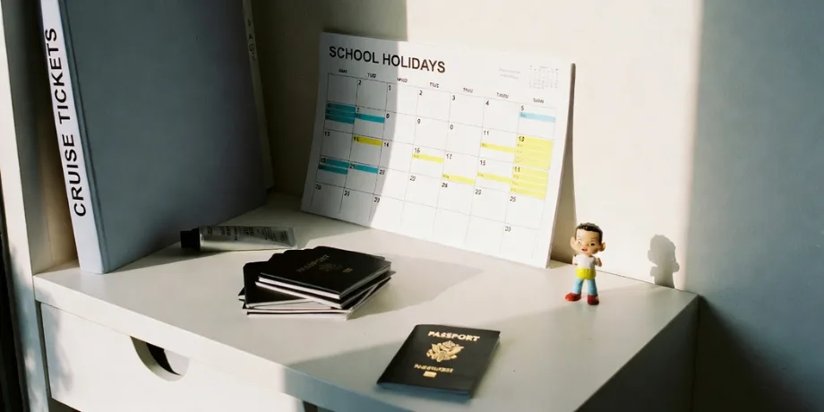 School holidays calendar with passport and cruise tickets for planning a Singapore Disney Adventure cruise in 2026