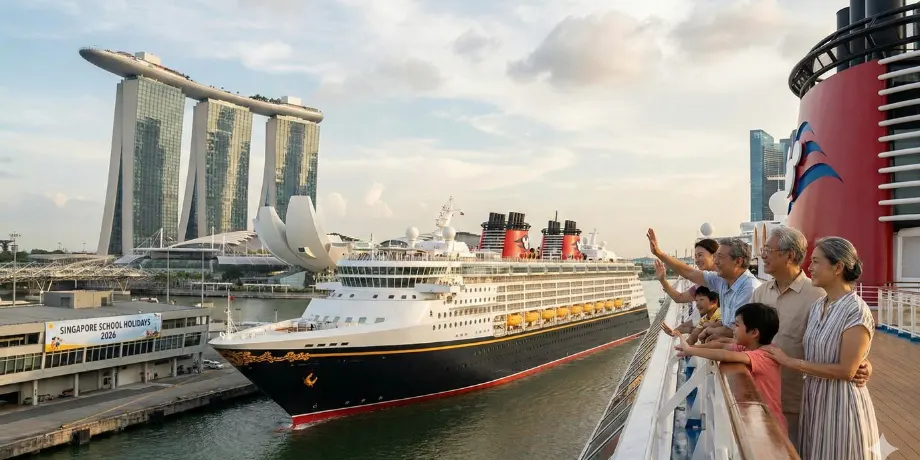 Cruise ship near Marina Bay Singapore with Marina Bay Sands, for planning a Disney Adventure cruise during Singapore school holidays 2026.