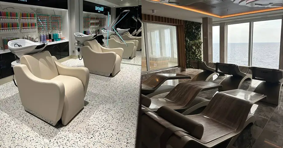 Infinite Bliss Spa on the Disney Adventure — salon styling area and Thermal Spa heated loungers with ocean views