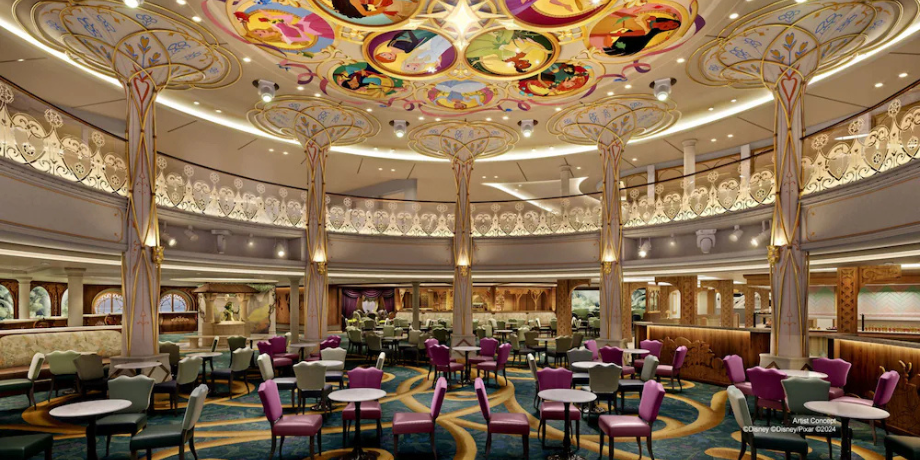 Elegant Town Square dining area on Disney Adventure Cruise Singapore with fairy tale ceiling art and royal dcor