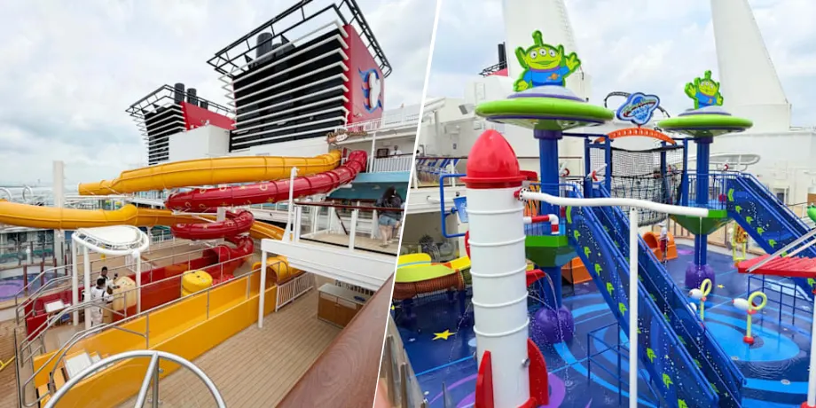 Toy Story Place water zone on the Disney Adventure — Wild Slides and Flying Saucer Splash Zone for kids