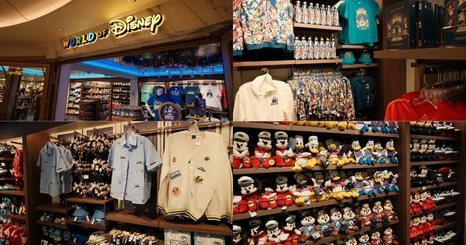 World of Disney store on the Disney Adventure — exclusive merchandise, nautical character plushies, and cruise apparel